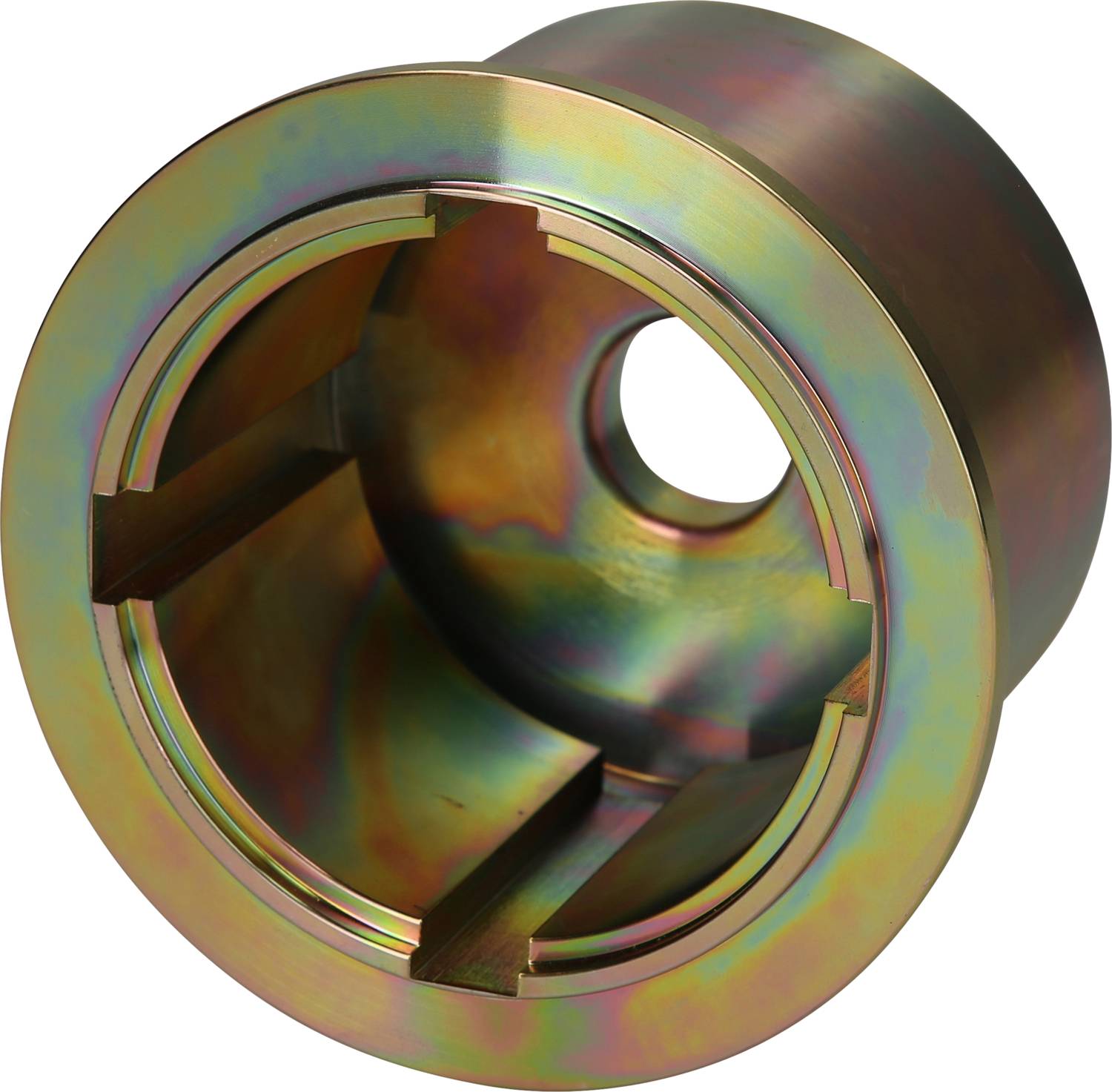 Metallteil zylindrischer Form mit reflektierender, regenbogenfarbener Oberfläche und zentralem Loch.