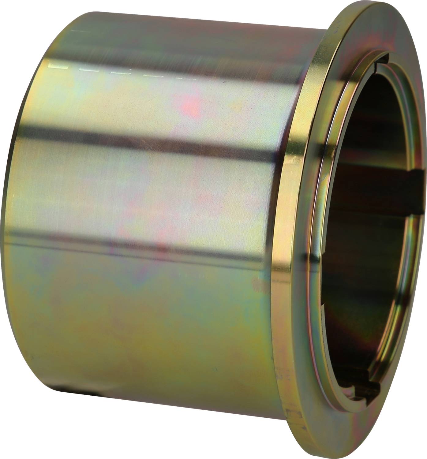 Metallhülse mit zylindrischer Form und glänzender, leicht regenbogenfarbiger Oberfläche. Dient zur Aufnahme von Bauteilen.