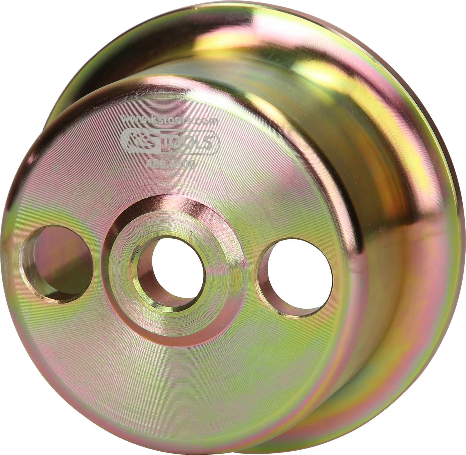 Rundes Metallwerkzeug mit drei Löchern und glänzender Oberfläche. Text 'KS Tools' und '460.4300' eingraviert.