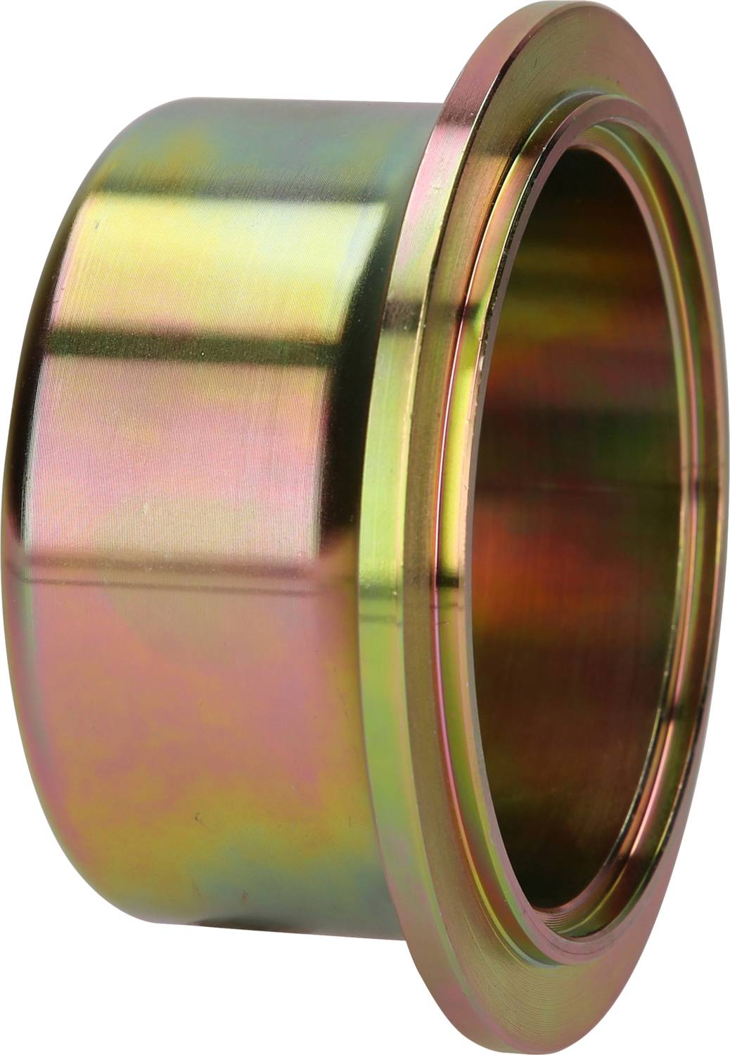 Metallflansch mit einem breiten Rand und zylindrischer Form, schimmernd in einem regenbogenartigen Metall-Finish.
