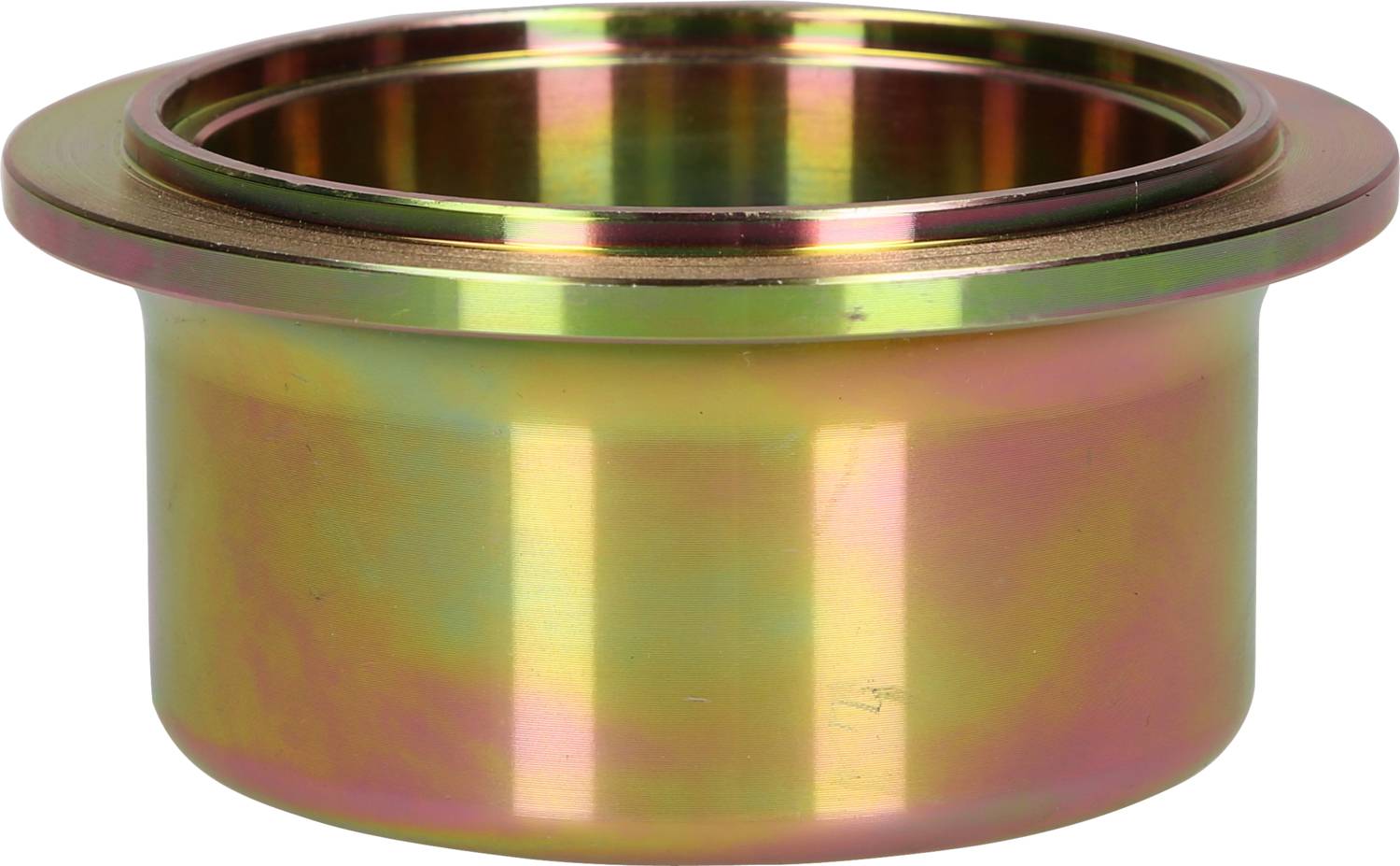 Ein metallischer Behälter mit rundem Rand und zeppelinförmiger Basis, aus schimmerndem Material, ähnlich Messing oder vergoldetem Stahl.