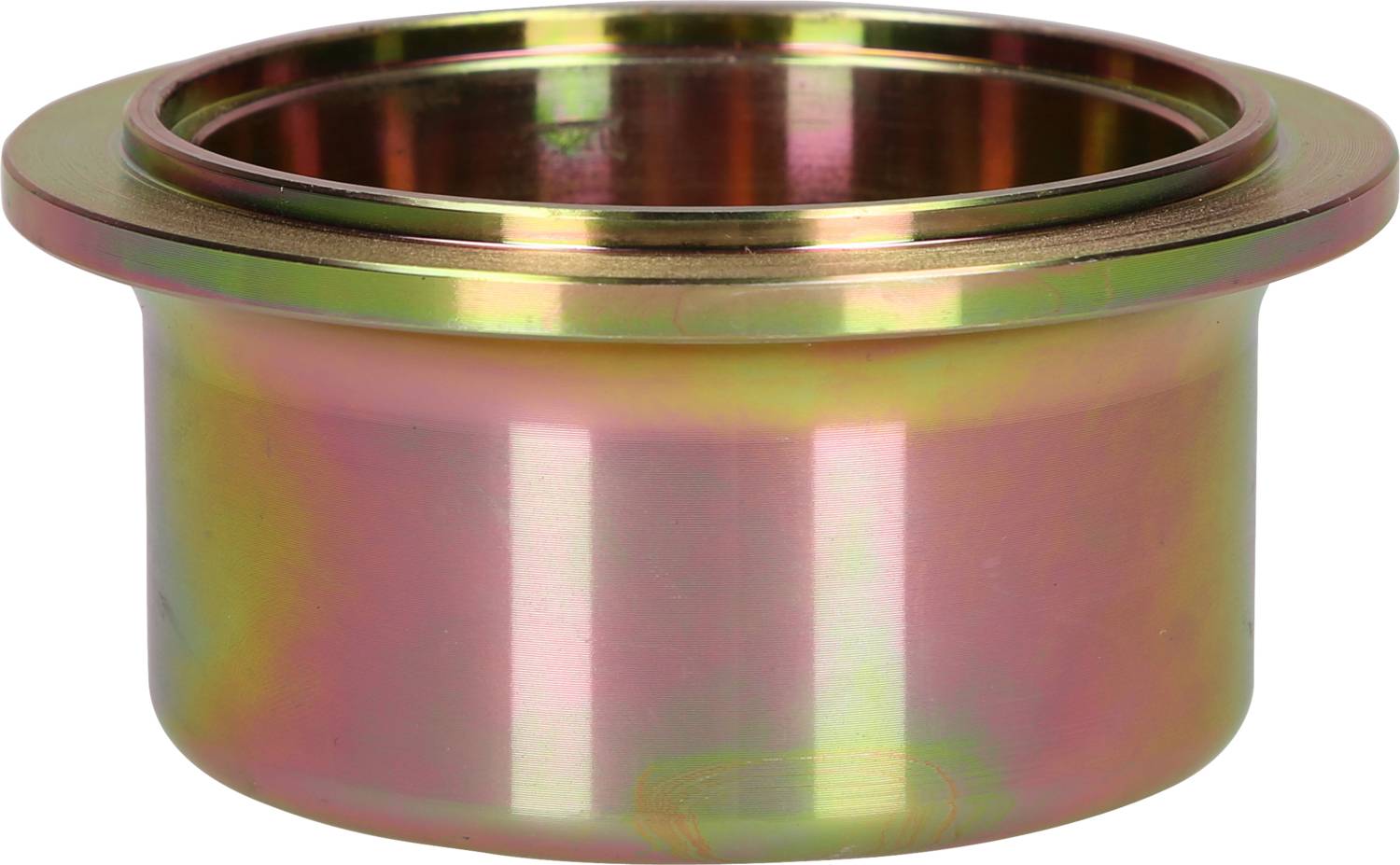 Ein metallischer, zylindrischer Adapterring mit glänzender, goldener Oberfläche. Oft für Rohrverbindungen oder Maschinenteile verwendet.