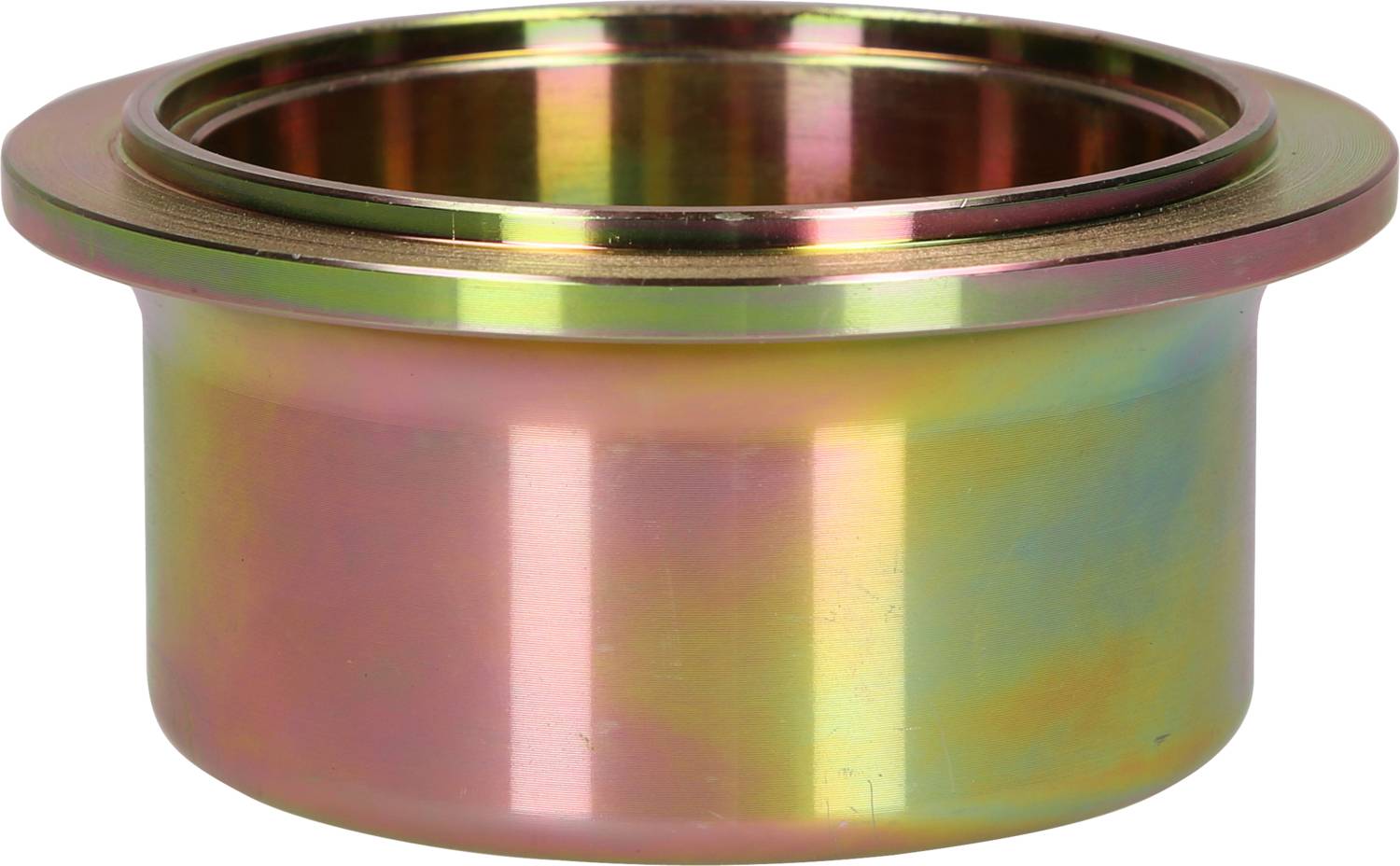 Eine metallische Abdeckung, zylindrisch, mit glänzender Oberfläche und Regenbogenfarben.