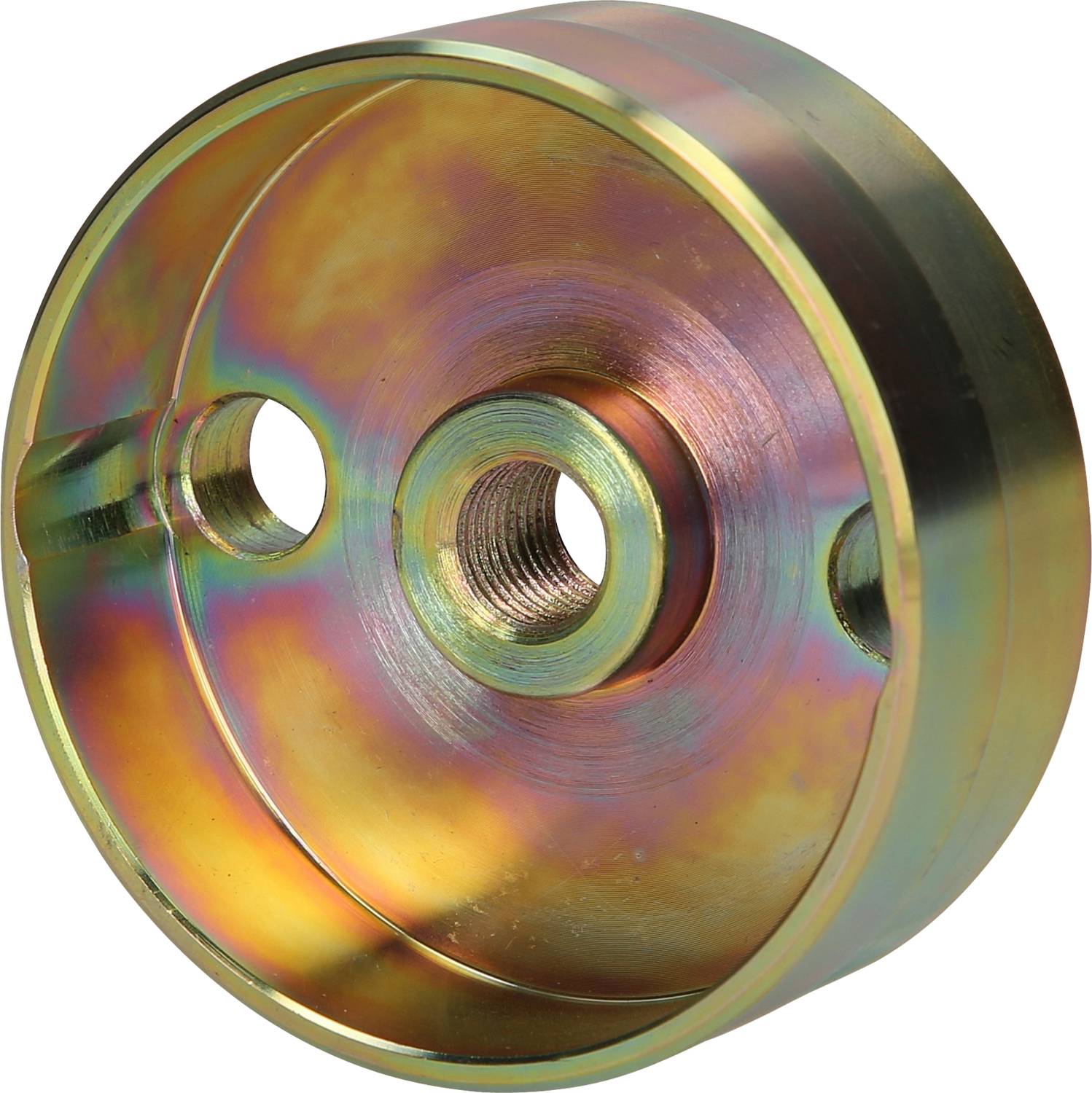 Ein rundes Metallteil mit drei Löchern und schillerndem Finish. Es hat eine zentrale Gewindeöffnung und zwei seitliche Bohrungen.