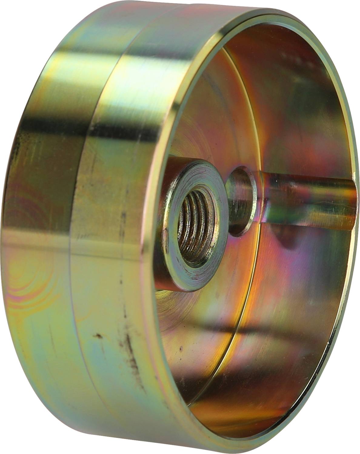 Metallisches Bauteil in Form einer Scheibe, mit zentraler Bohrung und gebogener Oberfläche, möglicherweise ein Teil einer Maschinenkomponente.