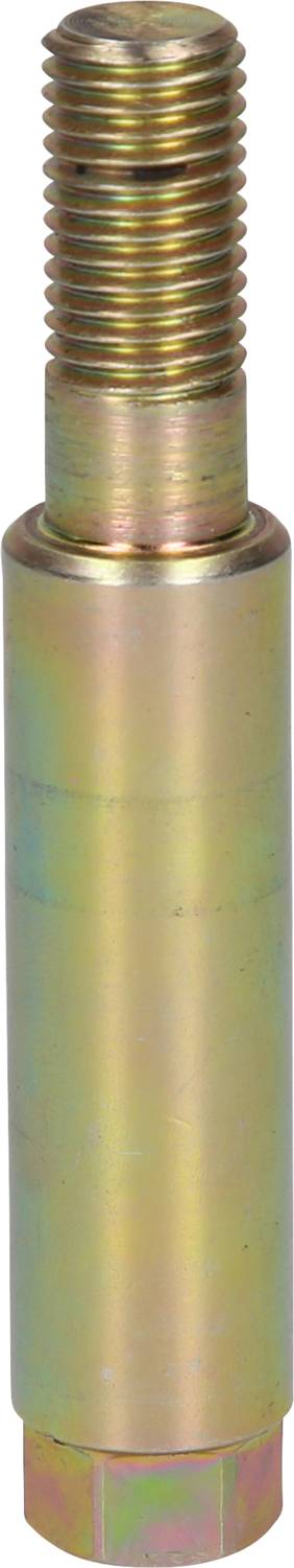 Ein goldfarbener Metallstift mit Gewinde an einem Ende und sechseckiger Form am anderen Ende, oft in technischen Anwendungen genutzt.