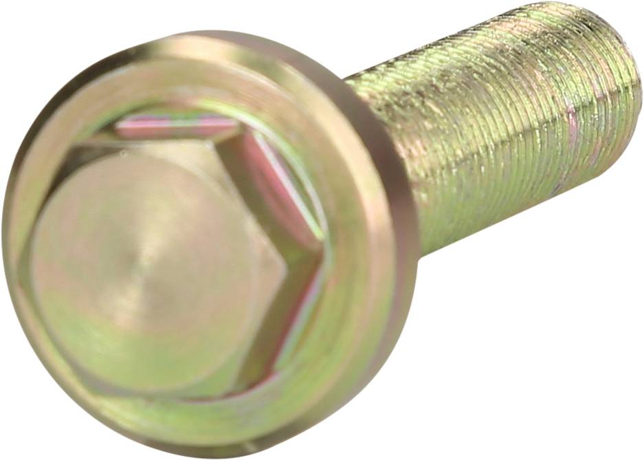 Eine goldene, metallische Schraube mit einem Sechskantkopf.