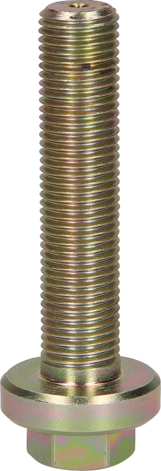 Eine einzelne Metallschraube mit sechskantigem Kopf, vertikal ausgerichtet, auf weißem Hintergrund.