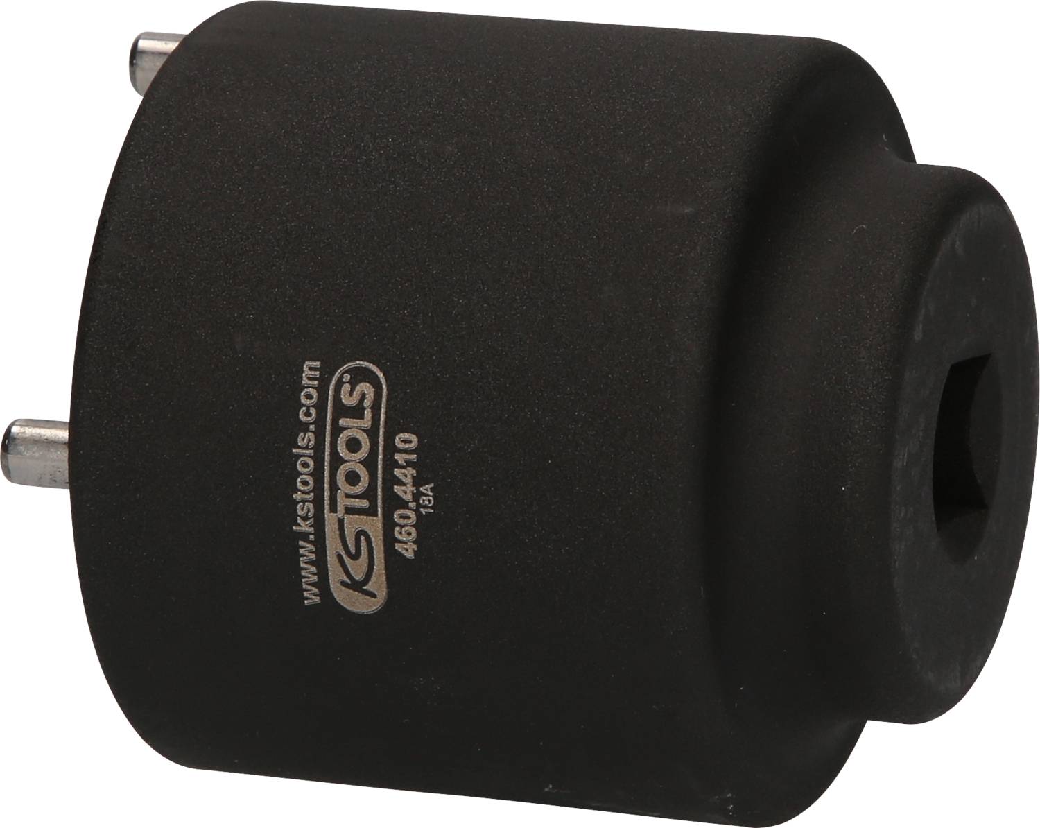 'KS Tools 460.4410' Schwarzer Adapter mit zwei Stiften und quadratischer Öffnung, verwendet als Werkzeugzubehör.