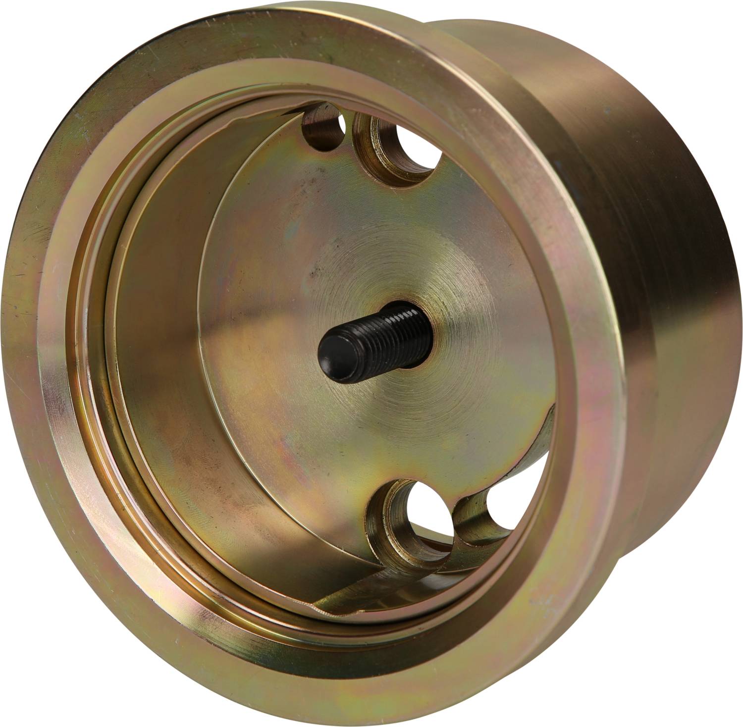Metallscheibe mit zentralem Schraubgewinde, umgeben von glatten, eingelassenen Ringen und mehreren Öffnungen in der Oberfläche.