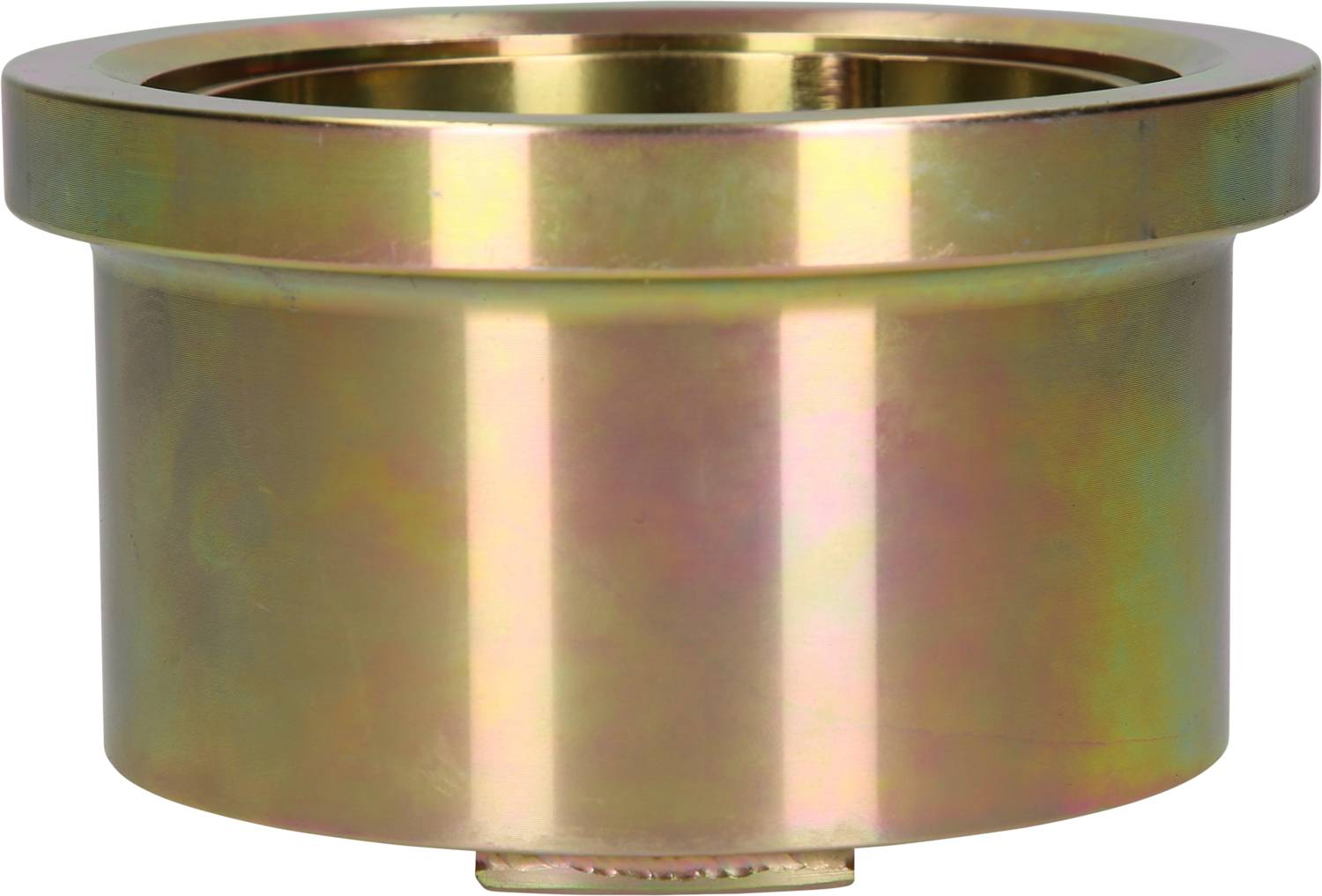 Metallischer Zylinder mit breitem Rand, schimmernd in Goldtönen; möglicherweise ein technisches Bauteil oder Adapter.