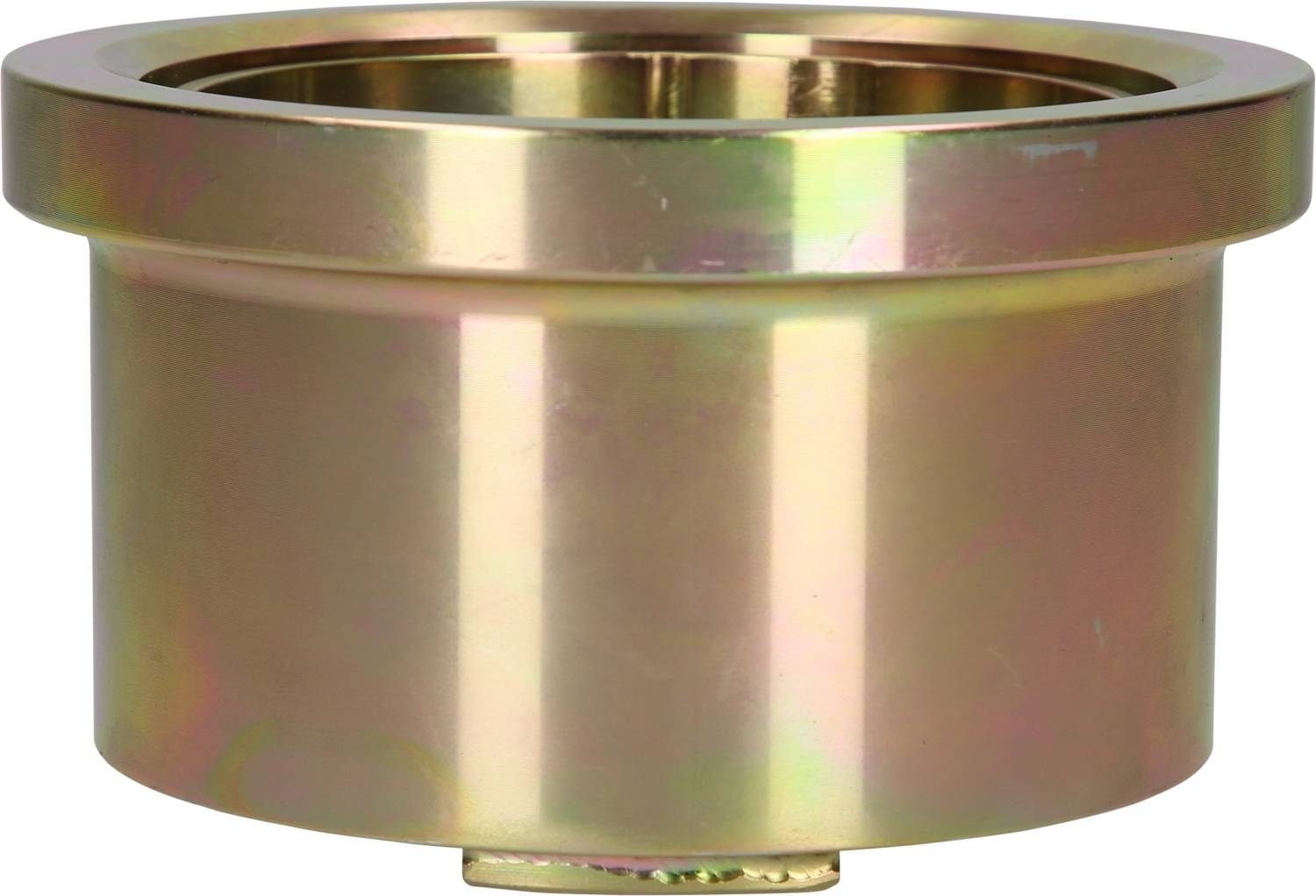 Goldener Metalltopf mit abgerundeten Rändern, Ansicht von der Seite. Glänzende Oberfläche mit leichtem Regenbogenschimmer.