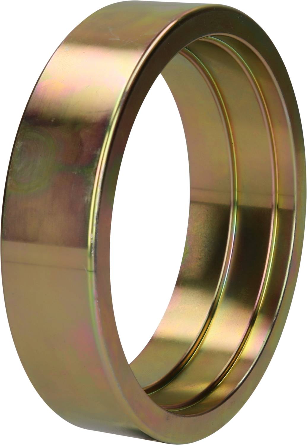 Ein metallischer Ring mit glatter, glänzender Oberfläche und leichtem Regenbogen-Effekt.