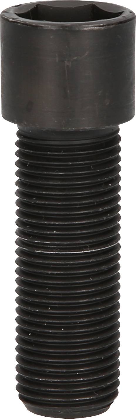 Eine schwarze, sechskantige Schraube, die für Metallverbindungen verwendet wird. Sie hat ein Gewinde entlang des Schaftes.