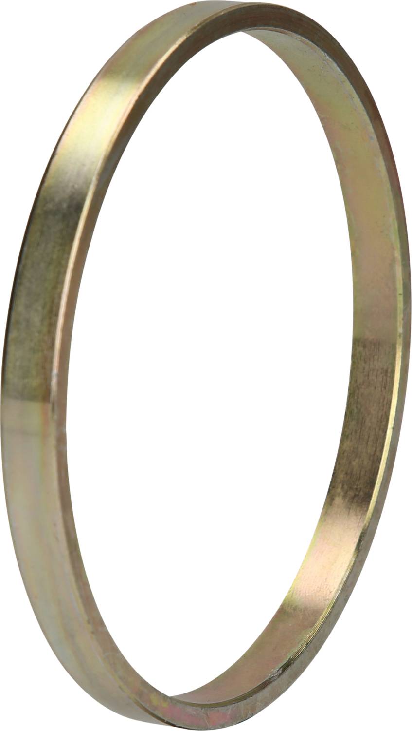 Ein einfacher, metallischer Ring, goldfarben, schmal und flach, gegen einen weißen Hintergrund.