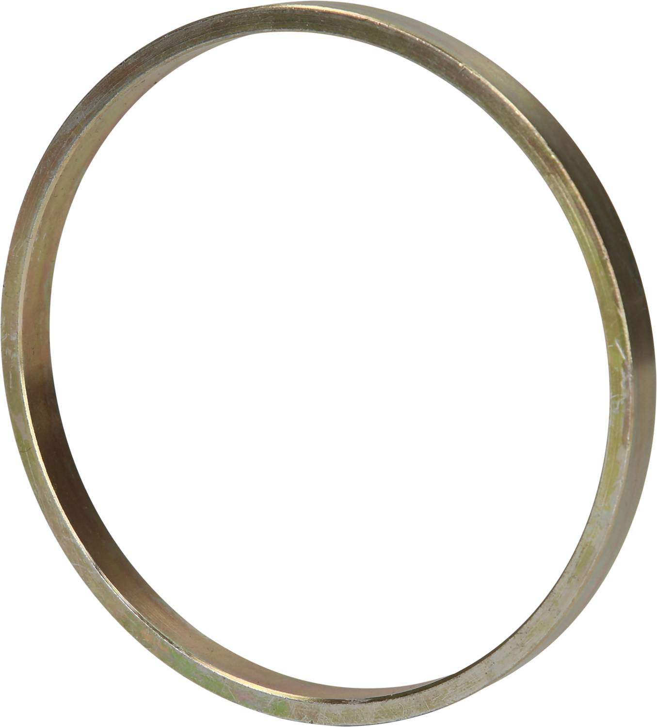 Ein schlichter, goldener Ring, flach und ohne Verzierungen, schwebt frei auf weißem Hintergrund.