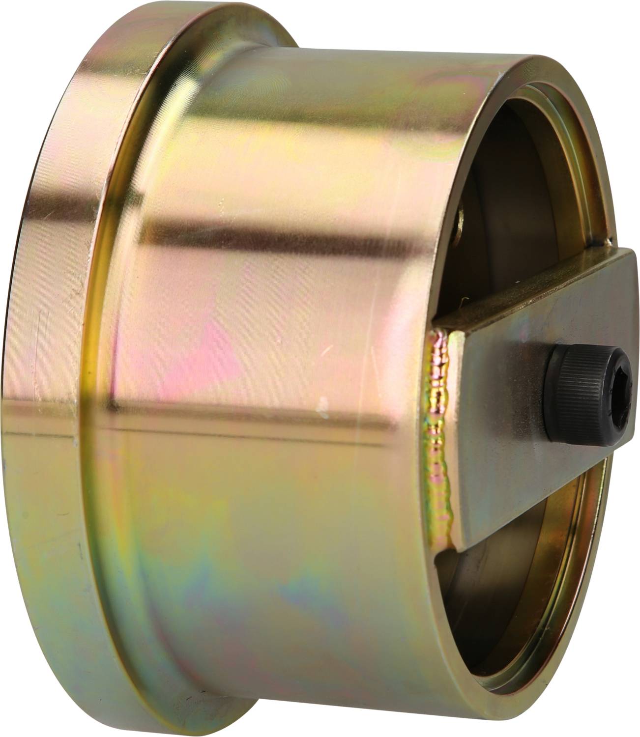 Metallischer, zylindrischer Bauteil mit Schraubmechanismus, möglicherweise Teil eines Maschinen- oder Fahrzeuggetriebes.