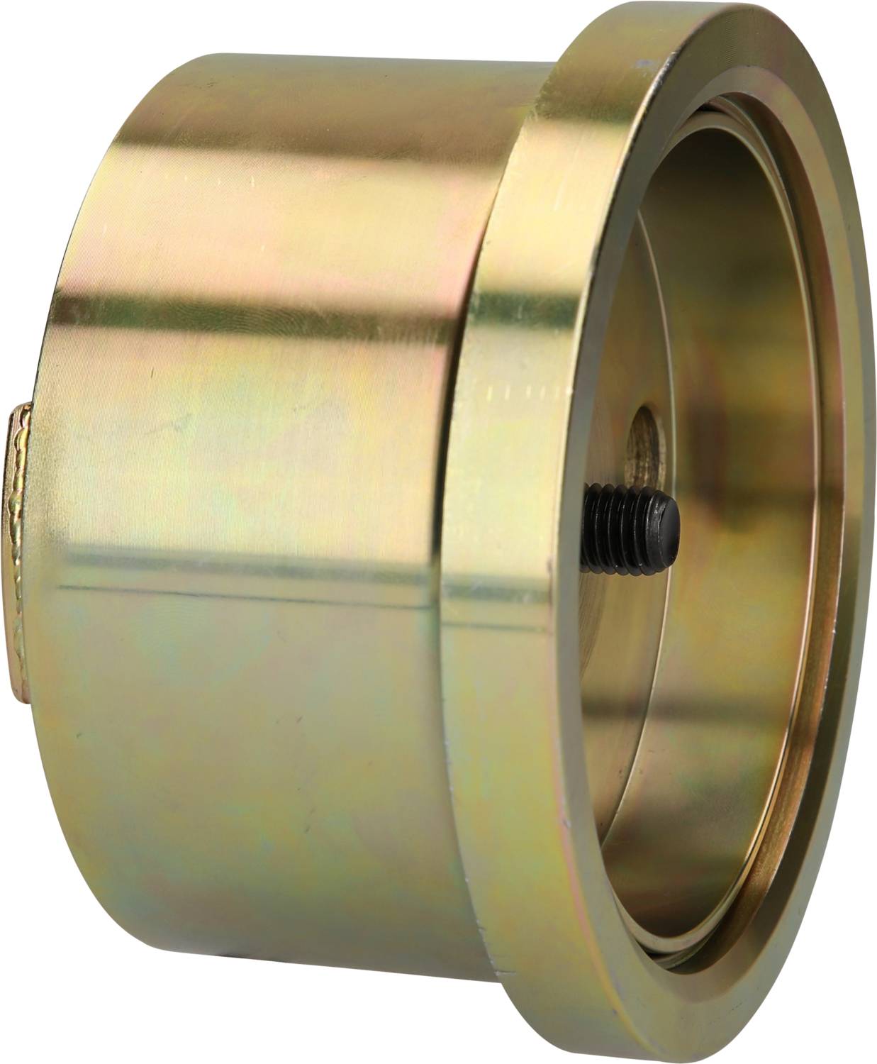 Metallischer Zylinder mit Schraube zur Verbindung oder Befestigung, möglicherweise Teil eines mechanischen Geräts oder Werkzeugs.