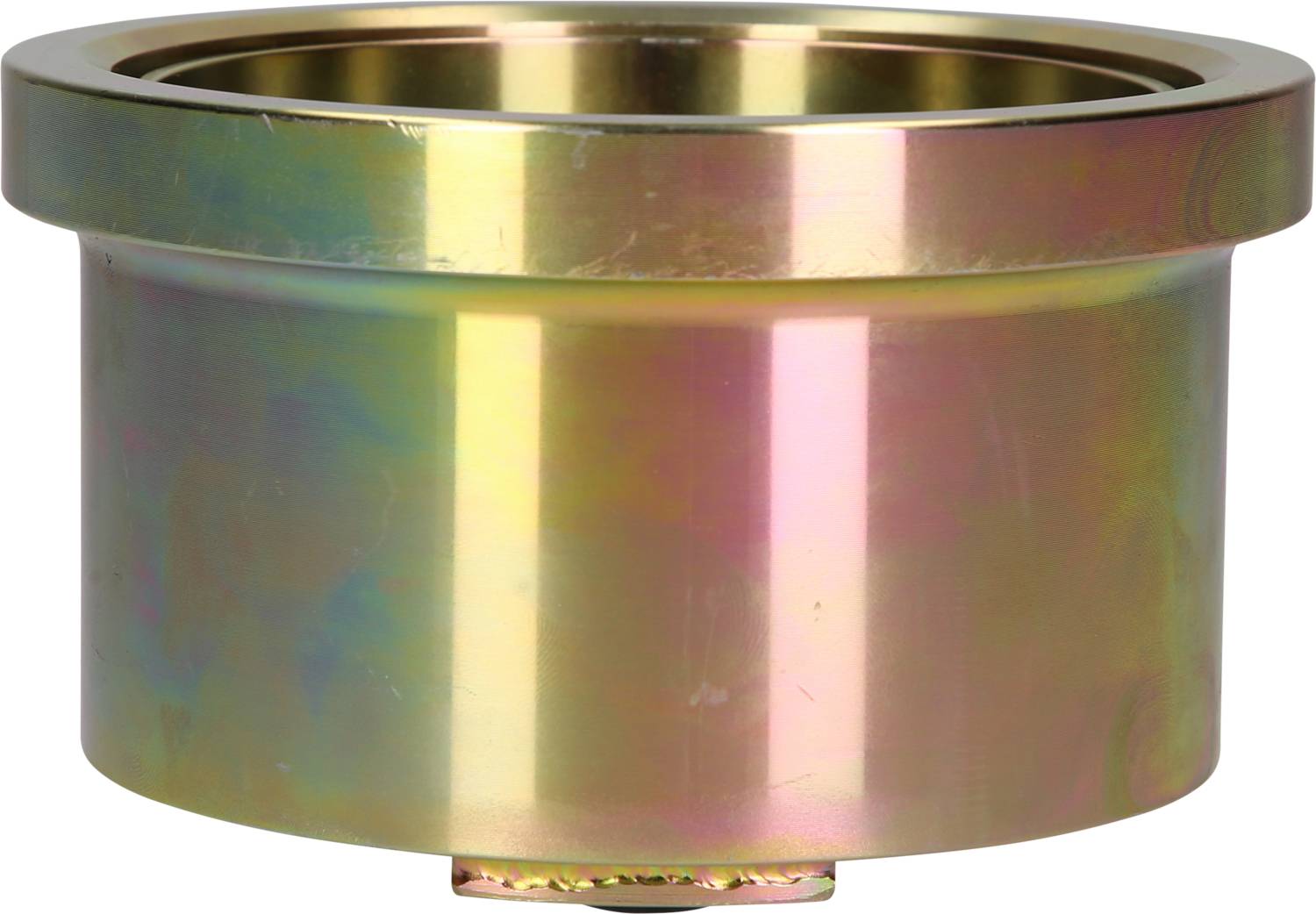 Metallisches Bauteil mit zylindrischer Form und breitem Rand, zeigt schimmernde Regenbogenfarben.