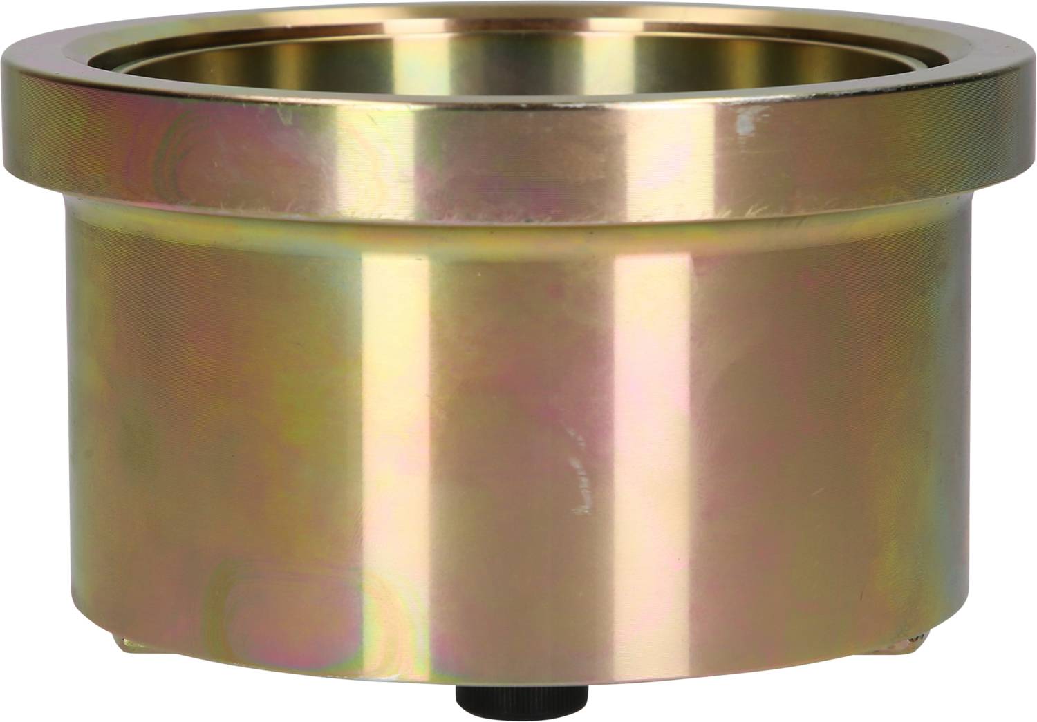 Metallzylinder mit breitem Rand, goldfarben, mit einem kleinen schwarzen Knopf an der Unterseite.