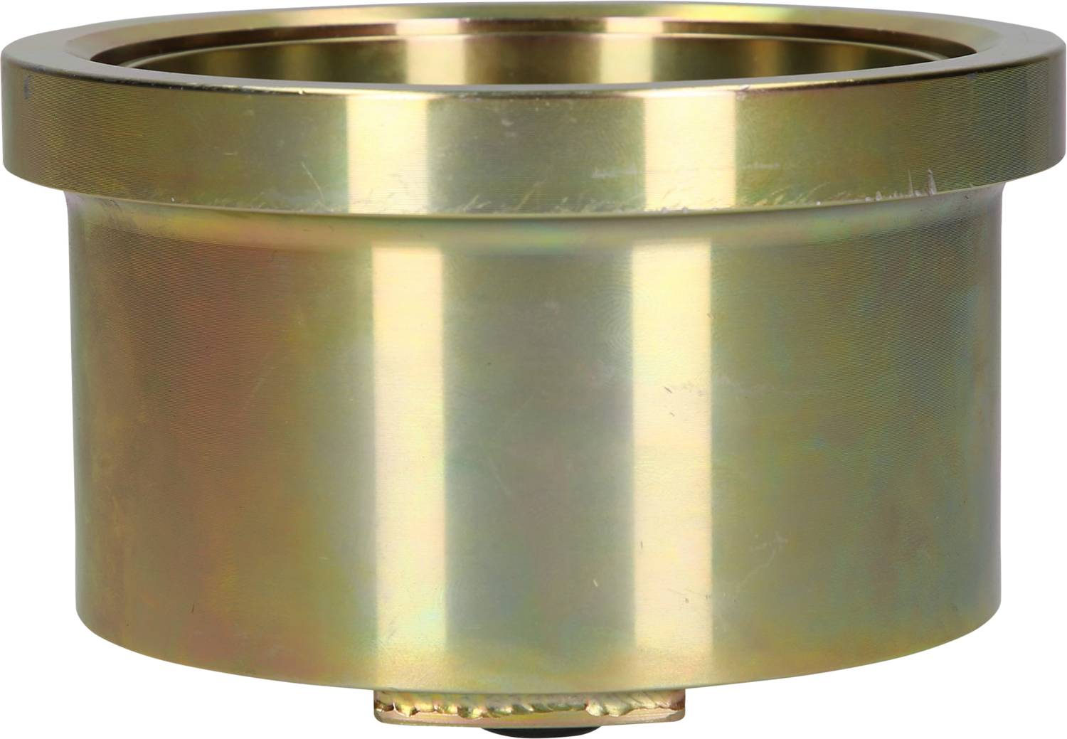 Rundes, goldenes Metallteil mit breitem Rand und vertikalen Rillen.