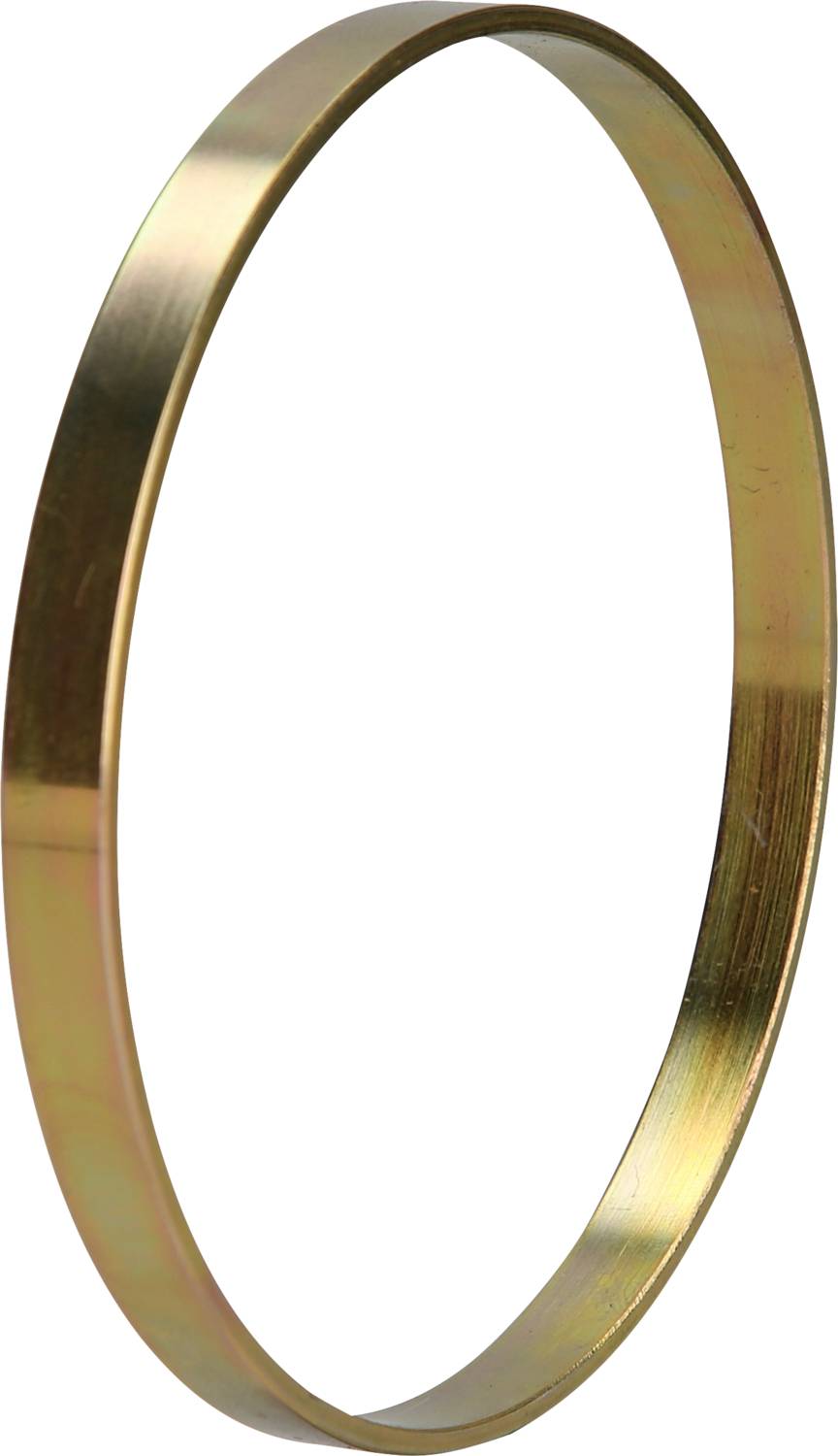 Ein glänzender, dünner Metallring in einer schrägen Aufsicht vor weißem Hintergrund. Der Ring wirkt glatt und reflektiert Licht.