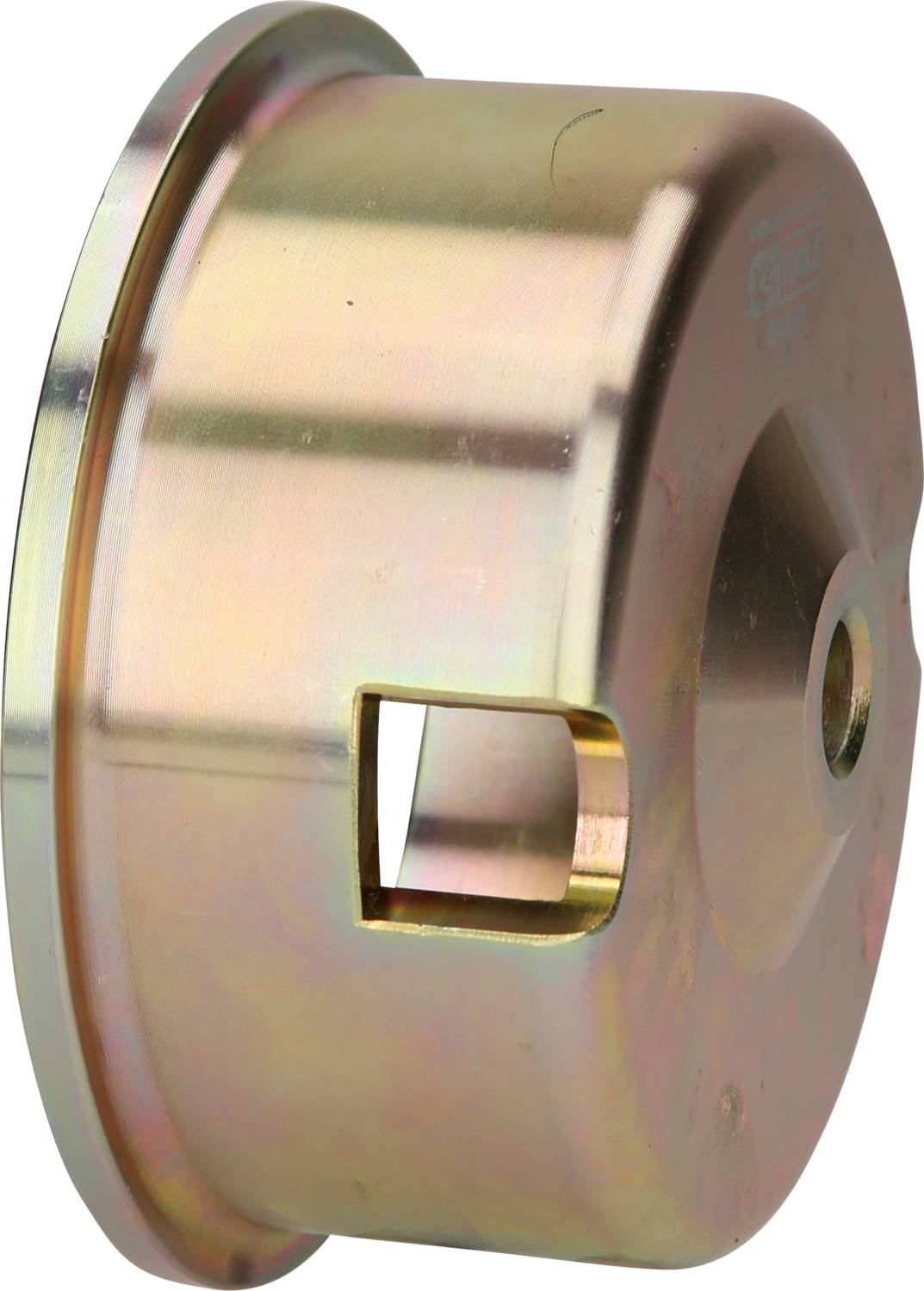 Metallischer Rotor mit glatter Oberfläche und zentralem Loch. Seitenansicht mit rechteckiger Aussparung an der Seite.