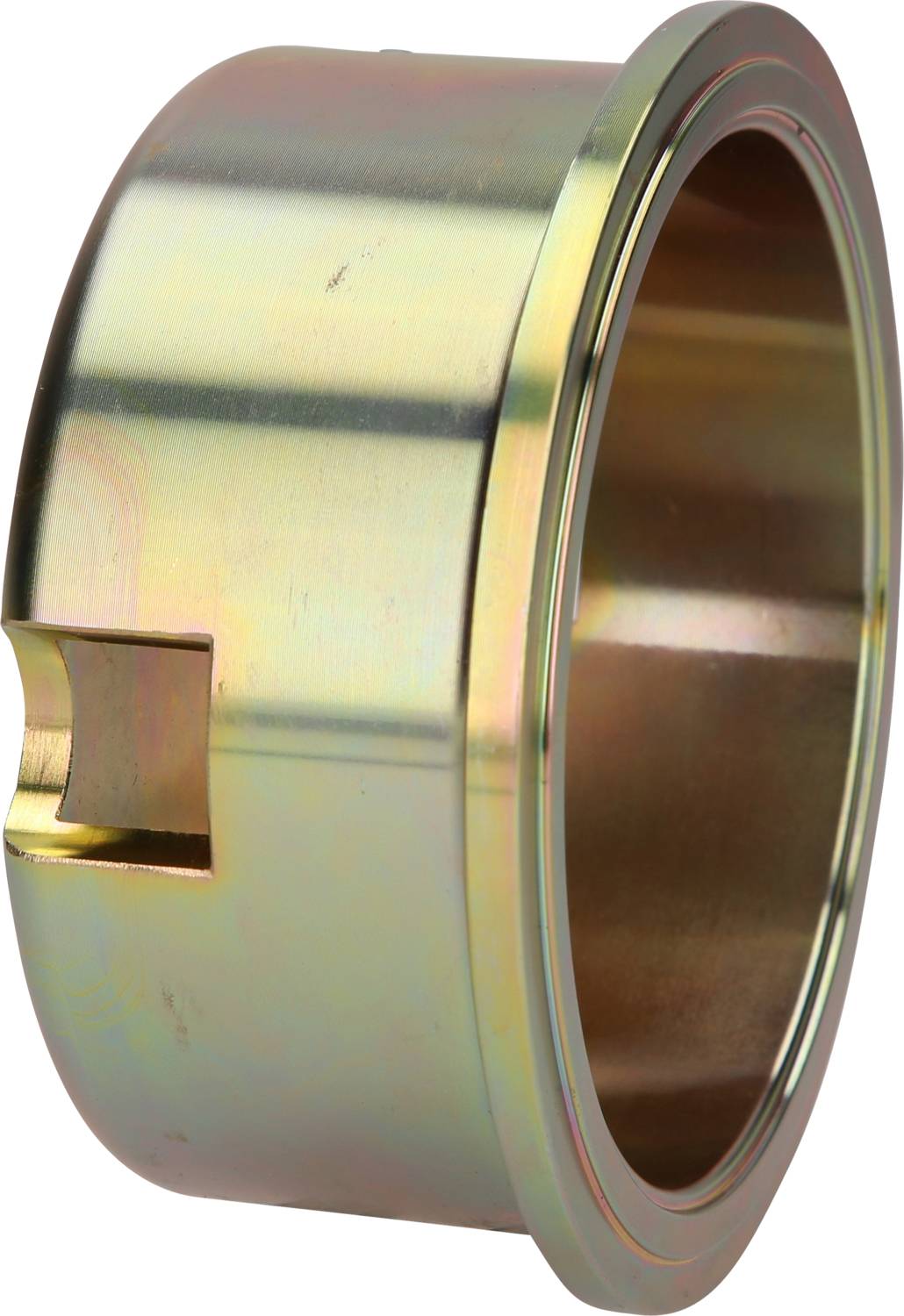 Ein zylinderförmiger Metalladapter mit glatter Oberfläche und einem eingelassenen Schlitz.