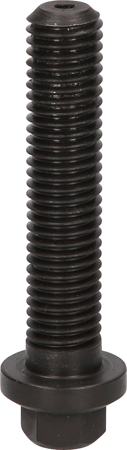 Ein schwarzer Sechskantschraubenbolzen mit durchgehendem Gewinde und einem Sechskantkopf zur Befestigung von Metallteilen.