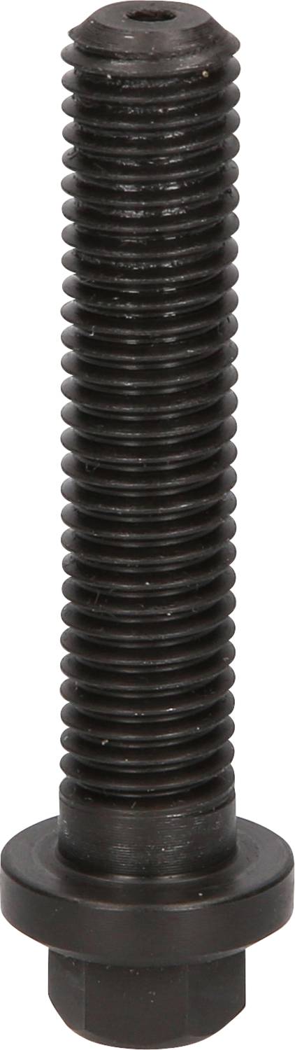 Eine schwarze, vollständig mit Gewinde versehene Schraube mit einem sechseckigen Kopf. Sie ist zur Montage von Metallteilen geeignet.