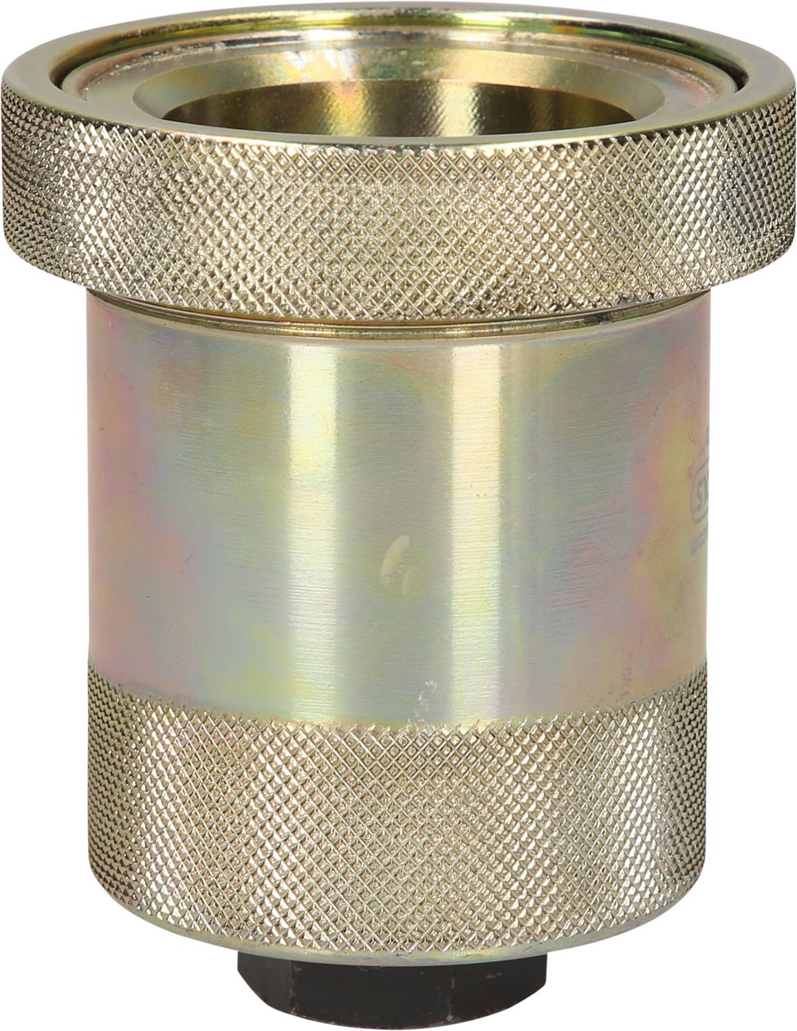 Metallisches Werkzeugteil mit geriffelter Oberfläche und rundem Oberteil, möglicherweise ein Anschlussstück oder Adapter.