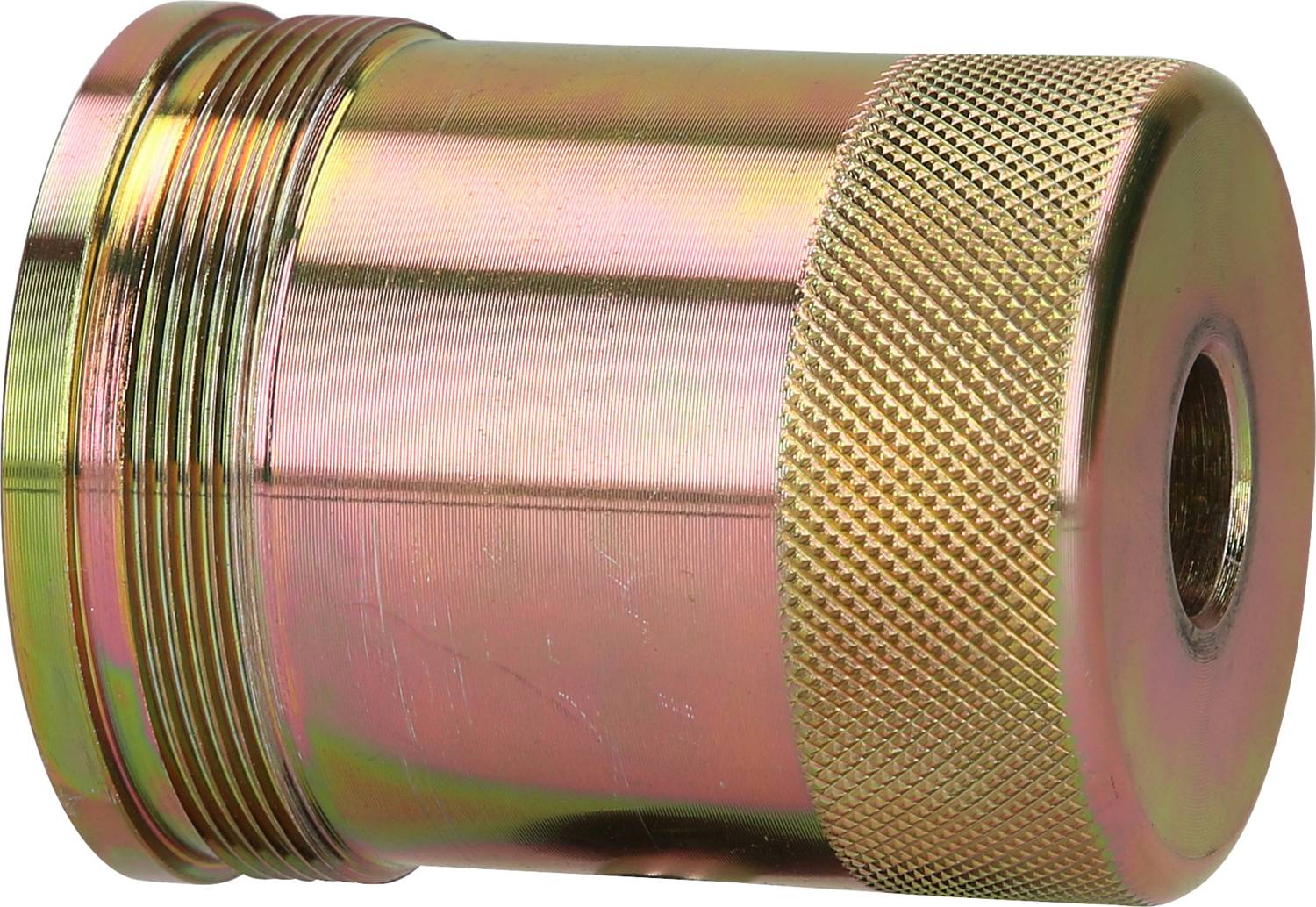 Metallischer zylindrischer Adapter mit Gewinde und gerändeltem Griff, vermutlich für Anschluss an ein technisches Gerät.