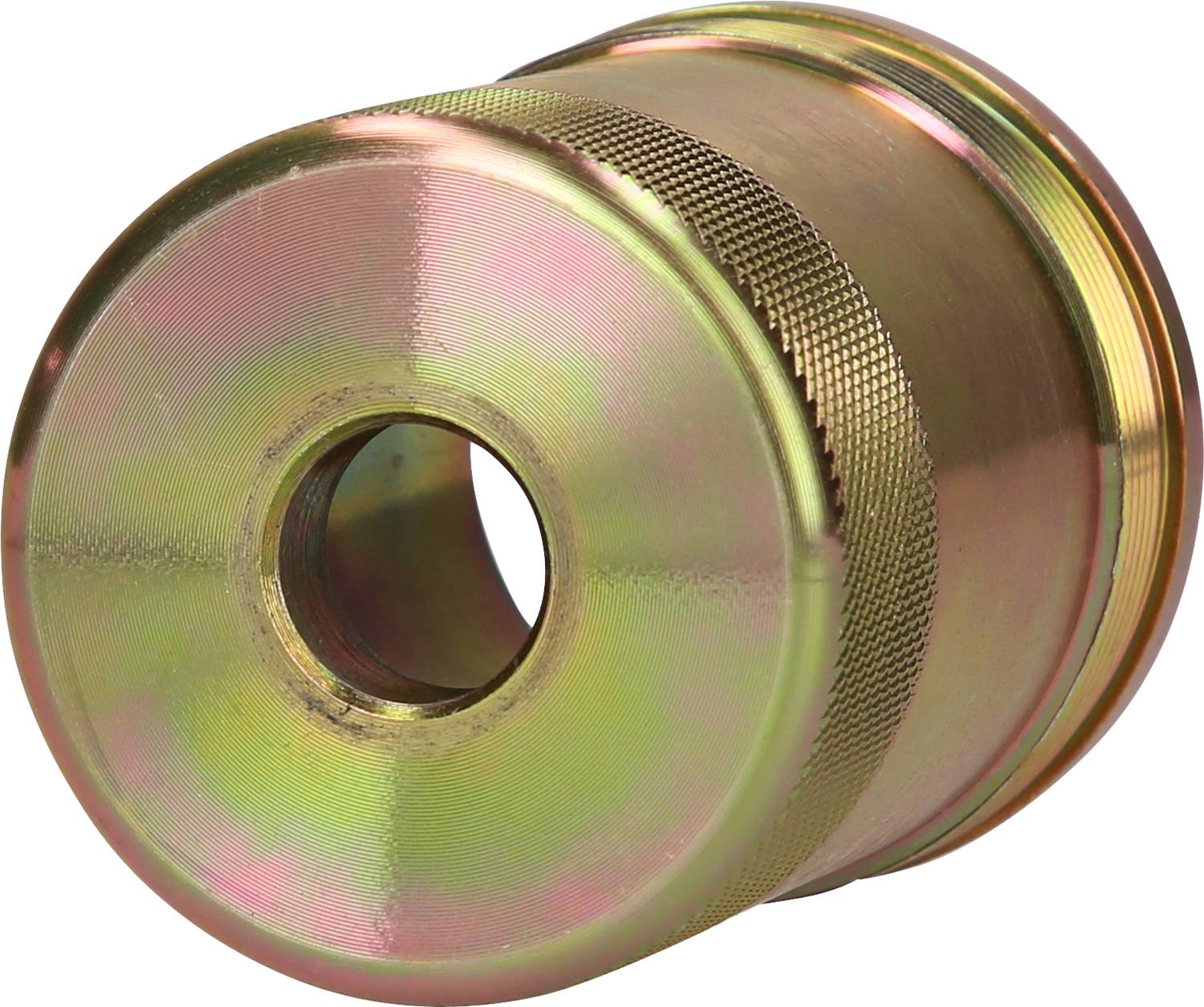Ein metallischer Zylinder mit glatter Oberfläche und einem zentralen Loch, möglicherweise ein Werkzeug- oder Maschinenteil.