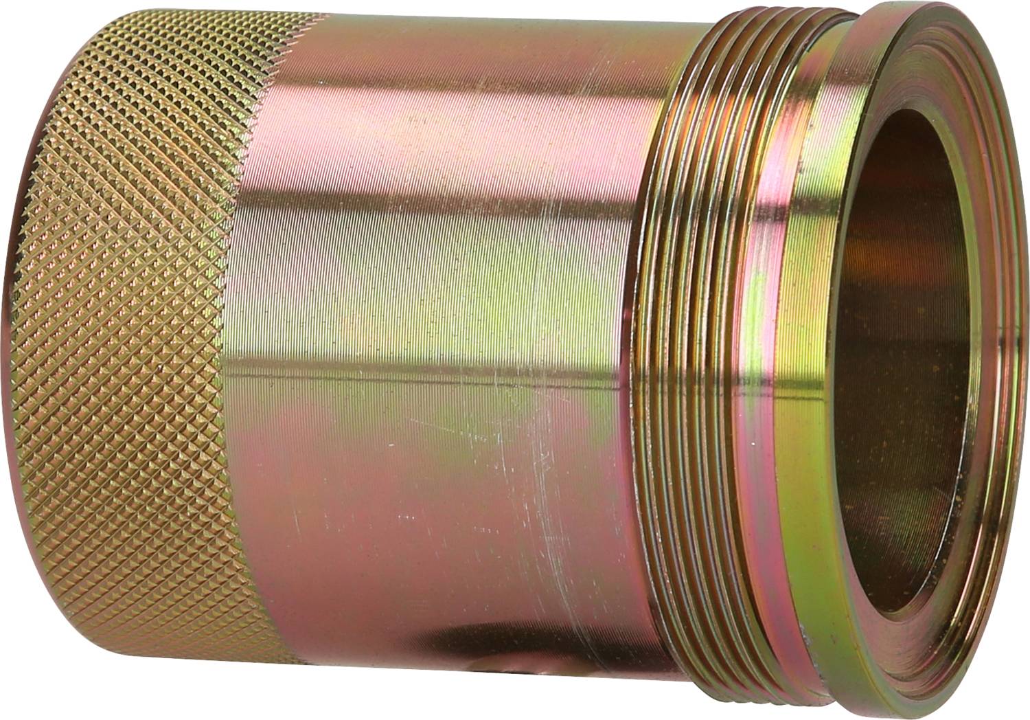Eine goldene Zylinderhülse mit gerändeltem Griff und Gewinde, möglicherweise ein mechanisches Verbindungselement.