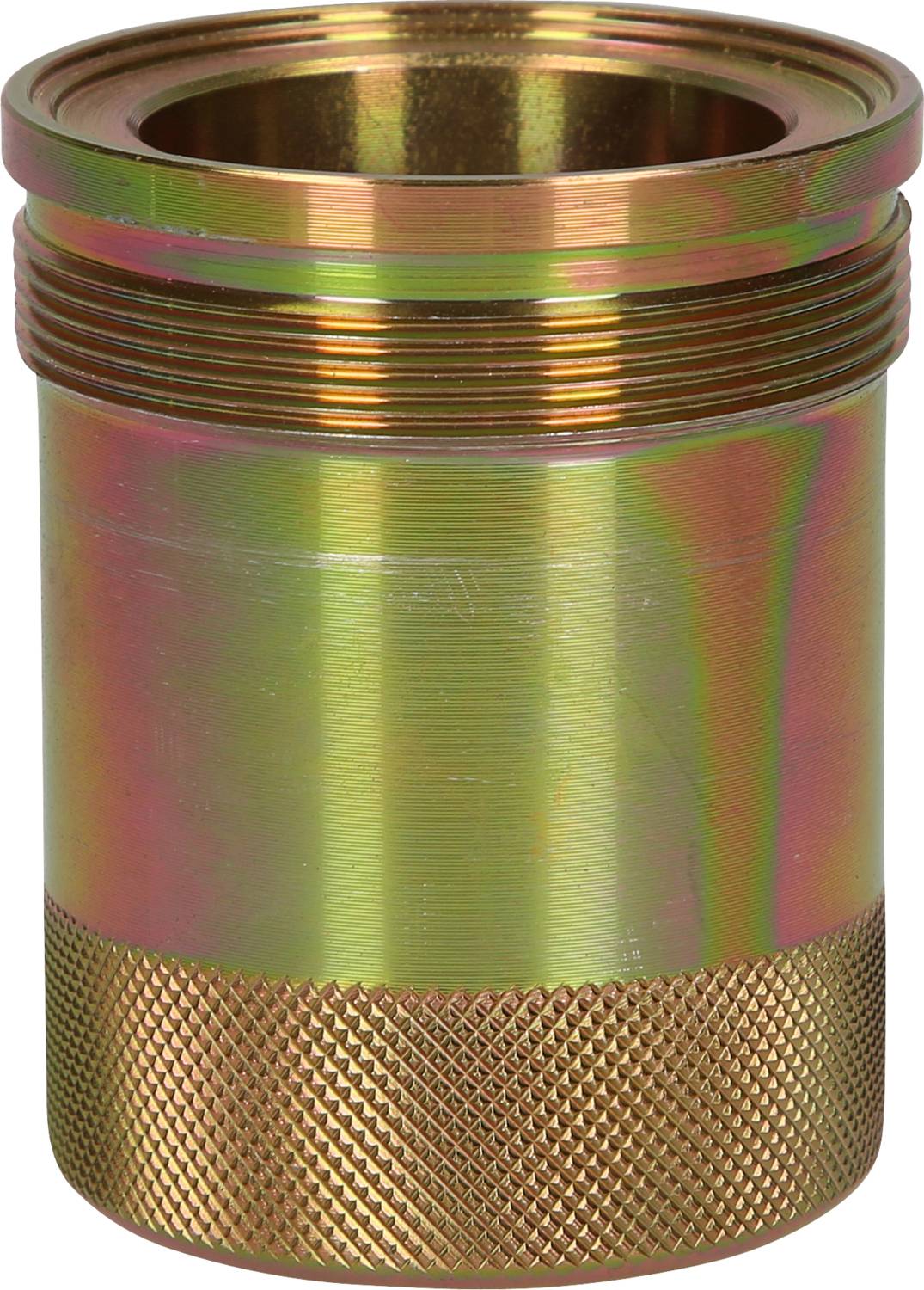 Metallzylinder mit Gewinde oben und geriffeltem Rand unten, vermutlich zur Verbindung von Rohren oder Schläuchen.