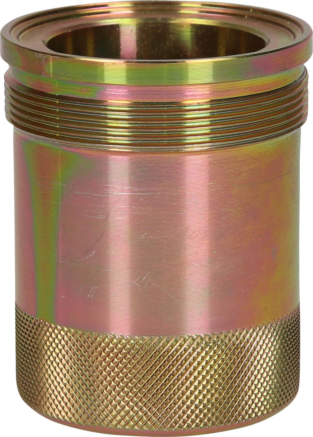 Ein metallener Zylinderadapter mit geriffeltem Griff und feinem Gewinde, häufig in Rohrverbindungen verwendet.