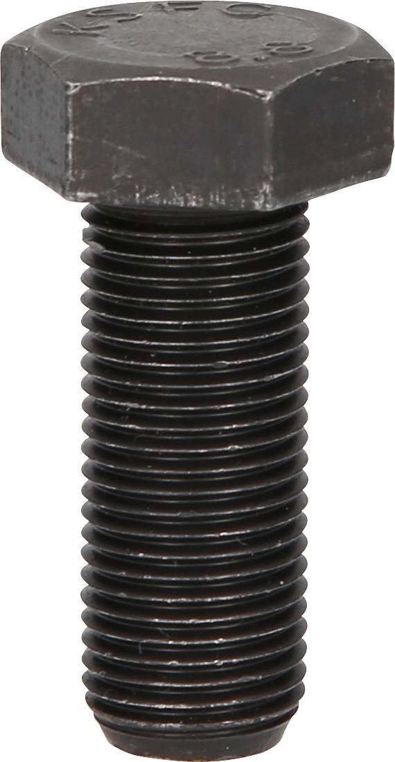Ein schwarzer, sechskantiger Metallbolzen mit Gewinde, steht vertikal.