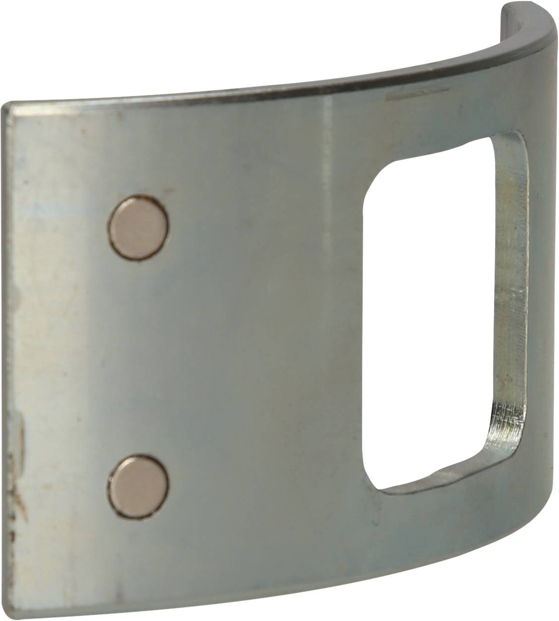 Metallbeschlag mit zwei runden Löchern an der Seite und einem rechteckigen Ausschnitt auf der gegenüberliegenden Seite.