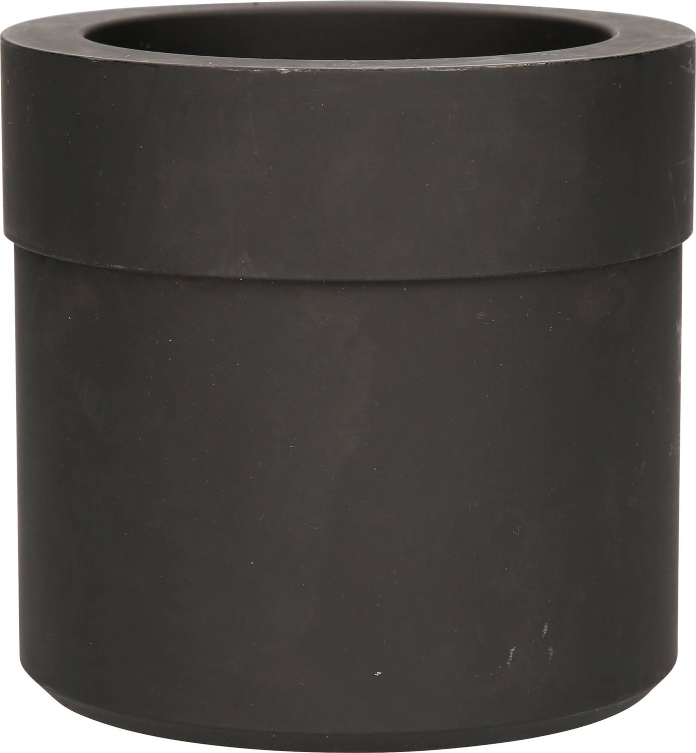 Ein schlichter, schwarzer Blumentopf aus Keramik mit zylindrischer Form. Er hat keine Verzierungen oder sichtbare Muster.