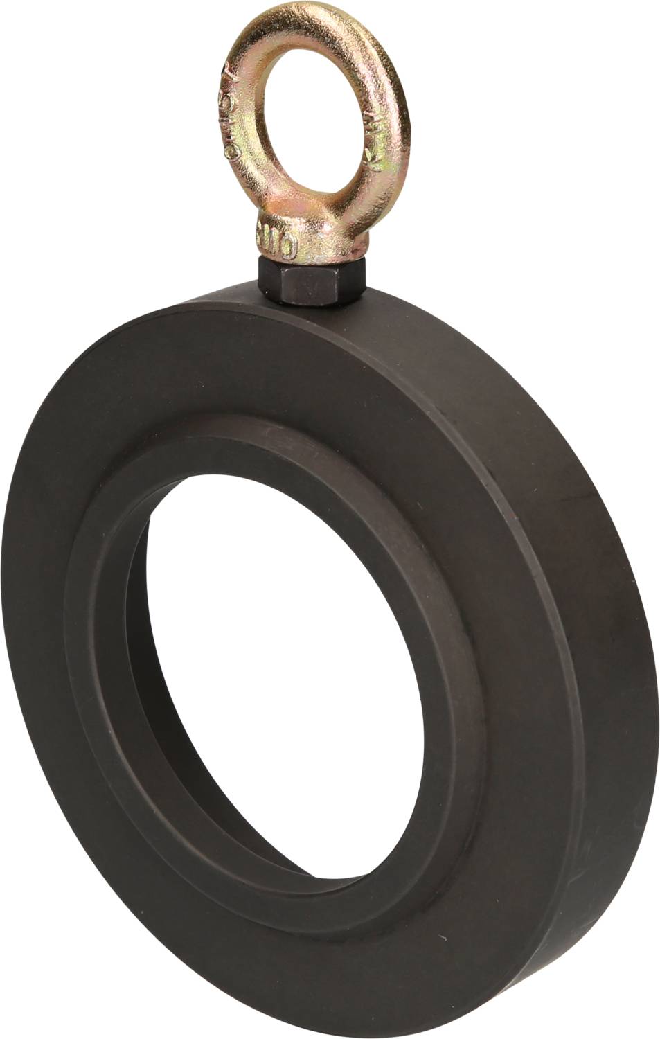 Runder Magnet mit zentraler Öffnung und Metallöse am oberen Ende zur Befestigung oder Hebung schwerer Gegenstände.