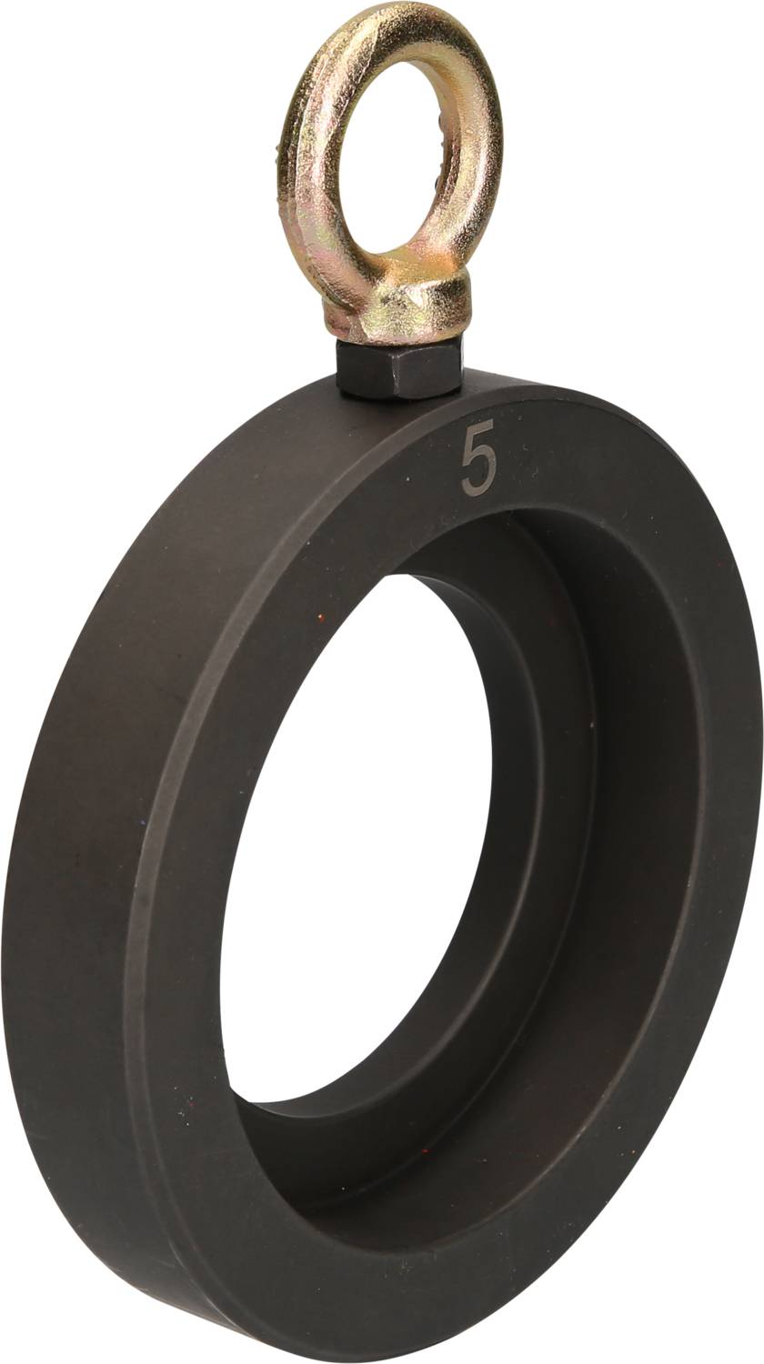 Runder schwarzer Ring mit goldener Öse oben, nummeriert mit '5' auf der Seite.
