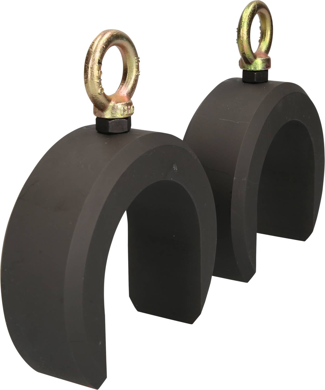 Zwei schwarze Hakenhalterungen mit Metallringen oben, für industrielle Anwendungen.