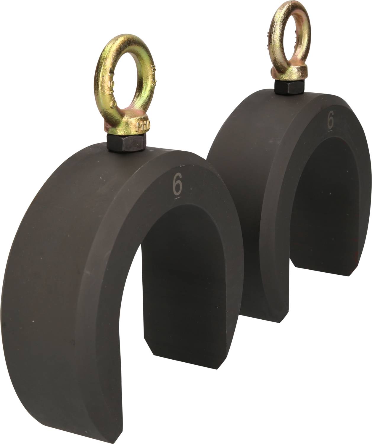 Zwei schwarze Metall-Haken mit goldenen Ösen an der Oberseite, aufrecht stehend. Sie haben eine Hufeisenform und sind nummeriert.