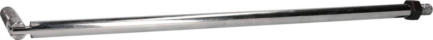Ein langer, glänzender Metallstab mit einer Befestigungsscheibe an einem Ende und einem Schraubgewinde am anderen.