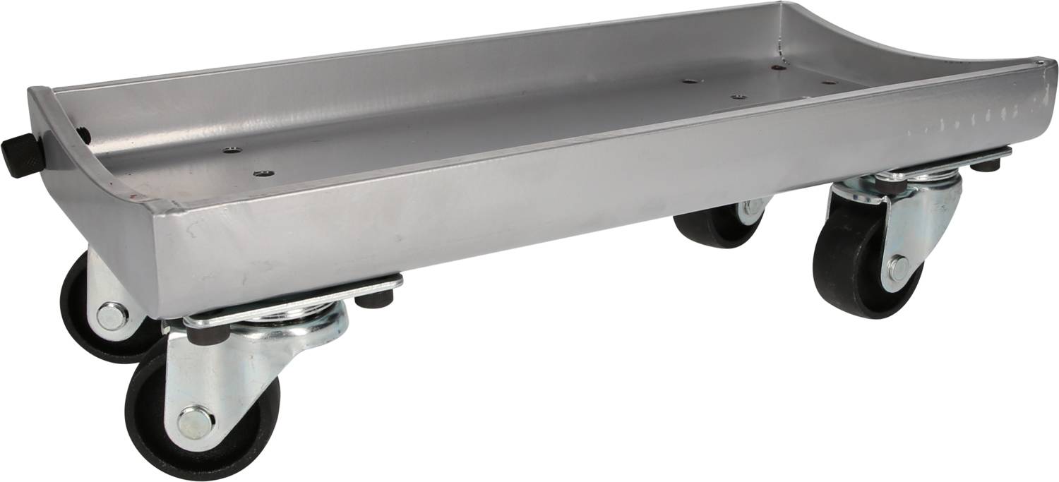 Metallische Rollplatte mit vier schwenkbaren Rollen, geeignet zum Transportieren schwerer Gegenstände.