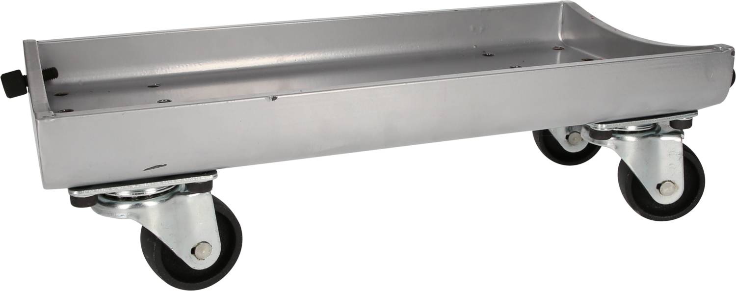 Ein rechteckiger, metallischer Rollwagen mit vier Rädern, geeignet für die Bewegung von Gegenständen über eine flache Oberfläche.