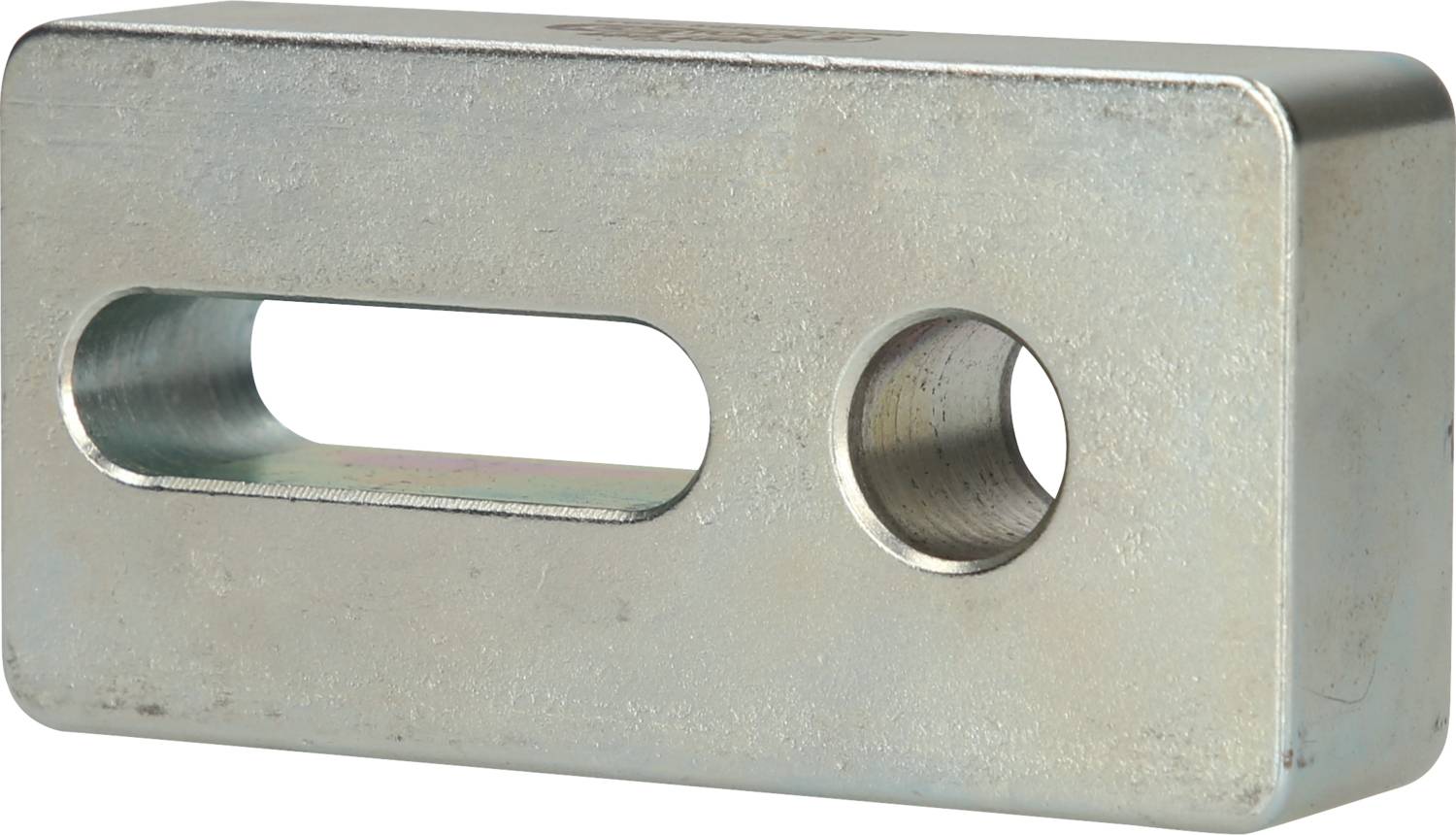 Metallblock mit rechteckiger und runder Aussparung, vermutlich Maschinenteil oder Werkzeugkomponente.
