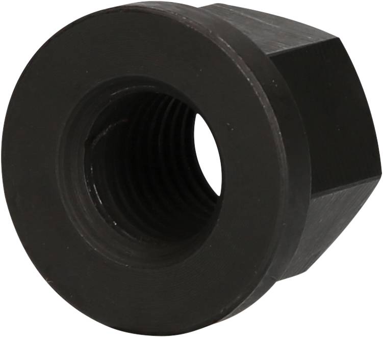 Schwarze Sechskantmutter mit Gewindeöffnung, leicht abgerundet. Geeignet für mechanische Anwendungen.