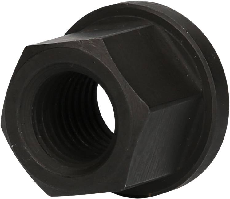 Eine schwarze Sechskantmutter, perspektivisch von der Seite gesehen.