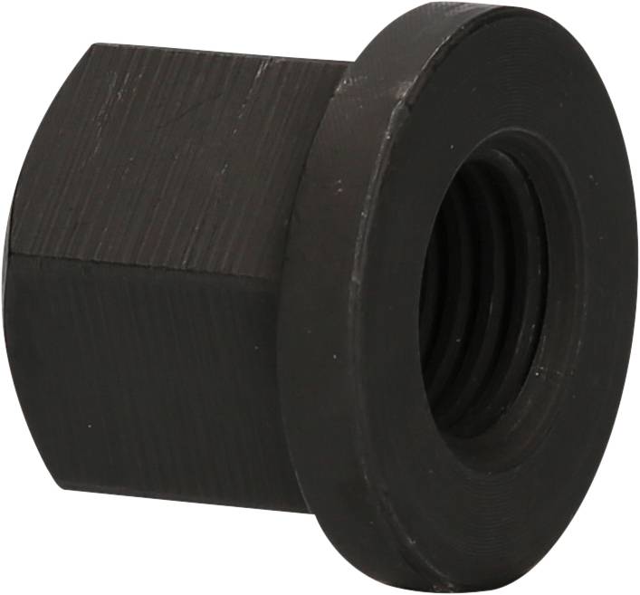 Schwarze Sechskantmutter mit rundem Rand.